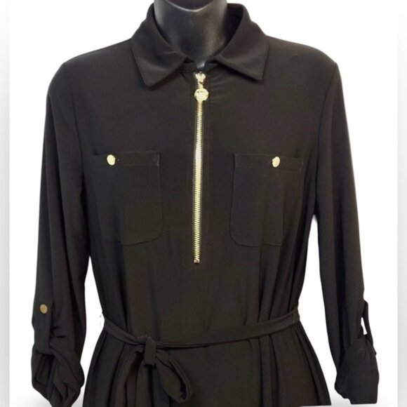 ANNE KLEIN 🍒SZ 2 XS🍒BLACK ZIP FRONT DRESS TABBED SLEEVES TIE WAIST GOLD ACCENT - Picture 5 of 16